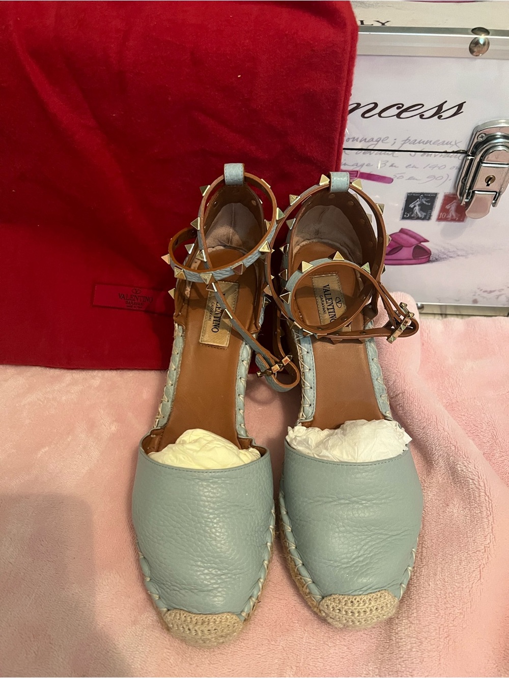 Valentino Light Blue Leather Rockstud Espadrille Wedge Sandals - Picture 5 of 5